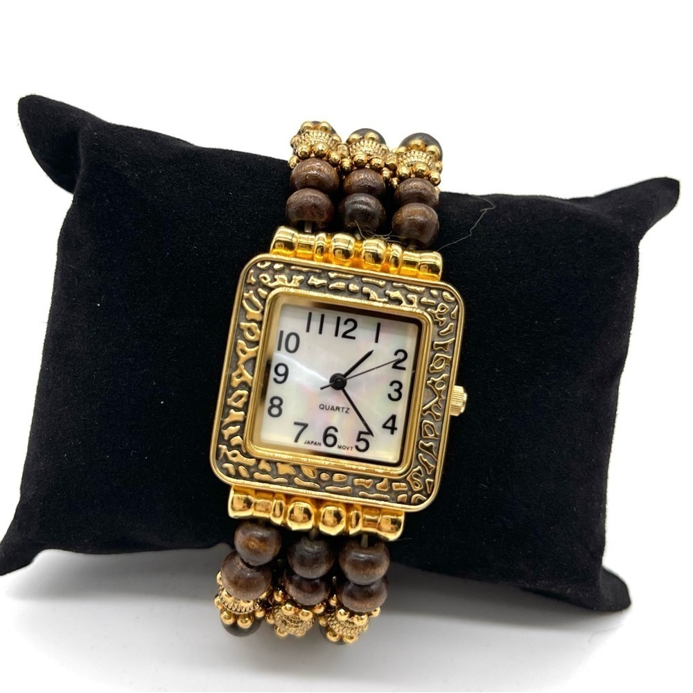 Japan Movt Mother of Pearl Face w/ Wooded & Gold tone Beads Stretch Watch